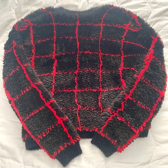 RtA Black and Red Grid Fuzzy Christmas Holiday Cardigan - Picture 2 of 6